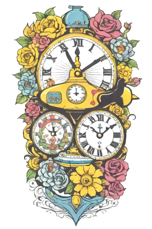 Yellow Submarine With Colorful Flowers And Clock And Rainbow