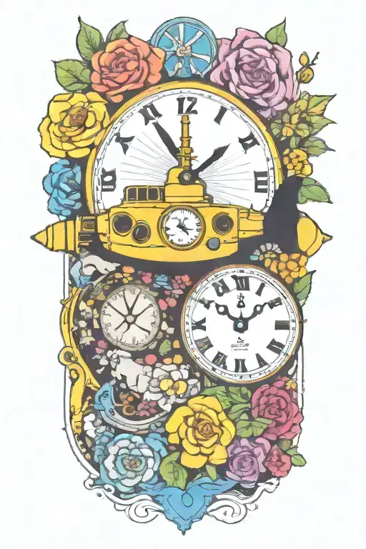 Yellow Submarine With Colorful Flowers And Clock And Rainbow