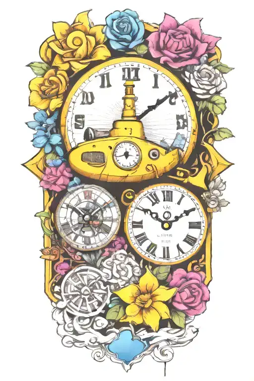 Yellow Submarine With Colorful Flowers And Clock And Rainbow