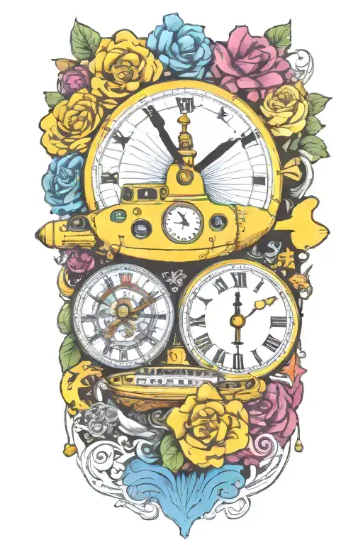 Yellow Submarine With Colorful Flowers And Clock And Rainbow