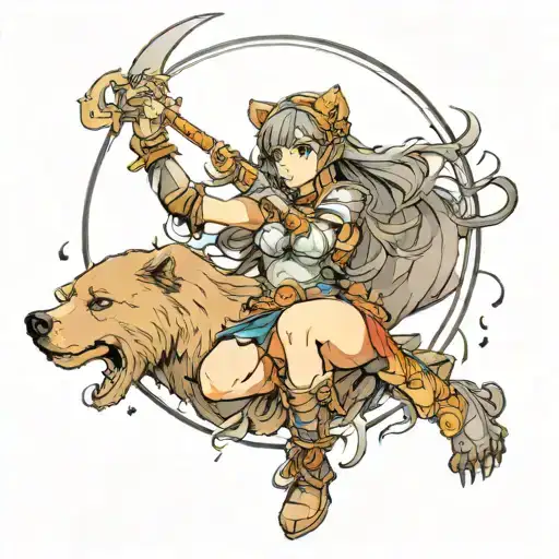 Warrior Woman With Bear Head Over The Moon