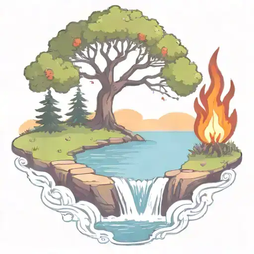 A Rowan Berry Tree And A Campfire Beside A River Waterfalling Down The Front