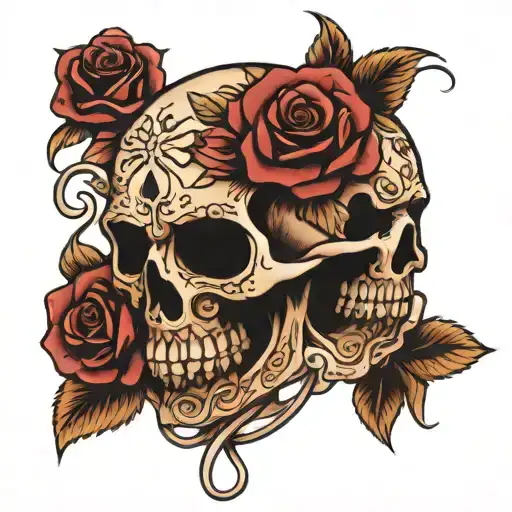 Candy Skull Surrounded By Roses Intertwined