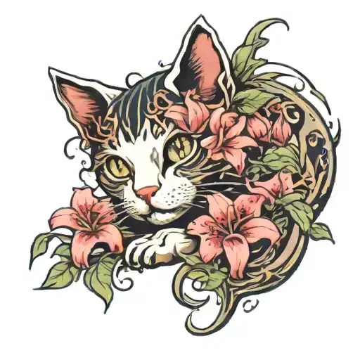 Cat With Japanese Lilies