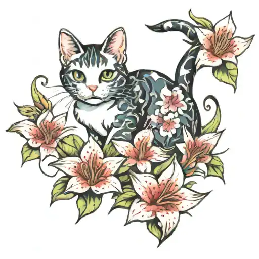 Cat With Japanese Lilies