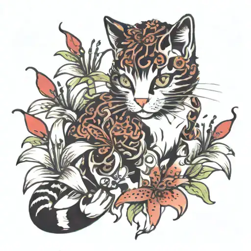 Cat With Red Japanese Lilies