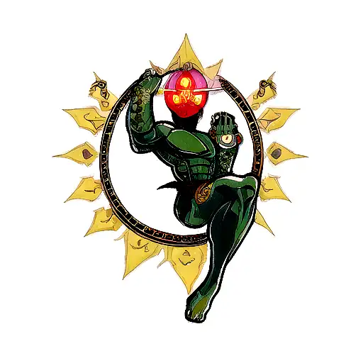 Traditional Tattoo Of An Alien Warrior Holding An Espada With Cosmic Elements