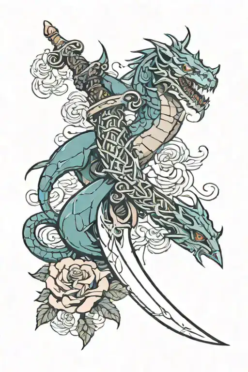 Dagger With Dragon On One Side And Rose On The Other Intertwing On Blade