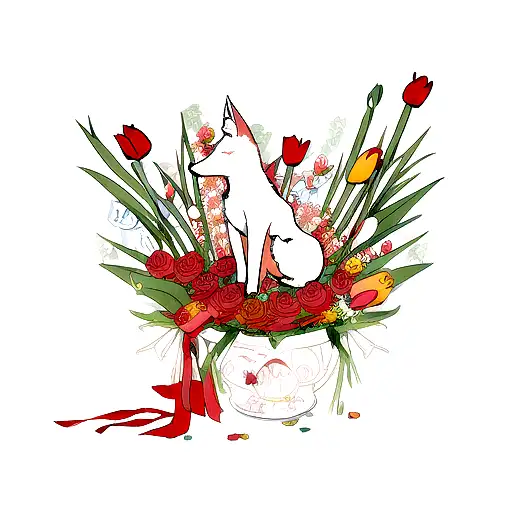 A Tattoo Of A Fox Surrounded By Blooming Roses And Tulips