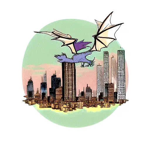 Dragon Flying Over A City Of Buildings