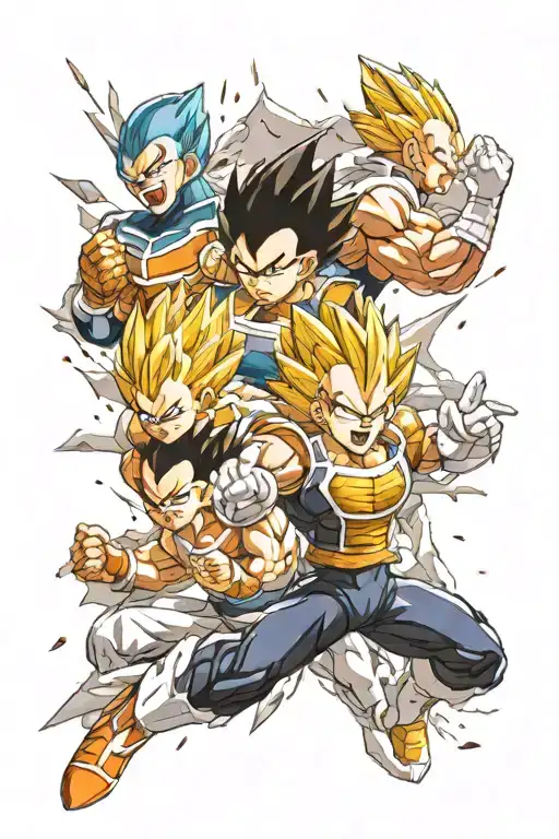 Vegeta In All Forms With Anime Main Characters Fighting In A Shattered Reality Background