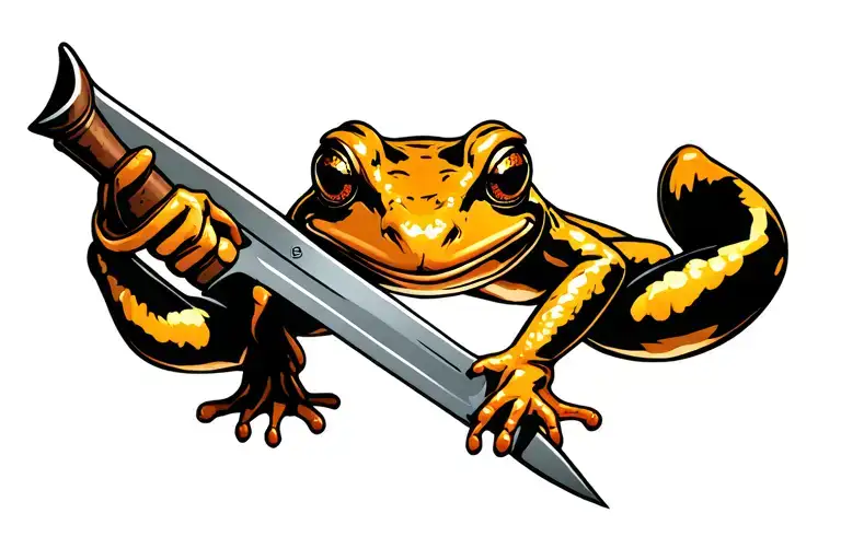 Golden Frog Holding A Knife Going