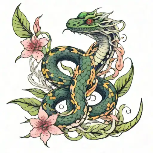 A Snake Entwines Itself With A Lycoris Flower