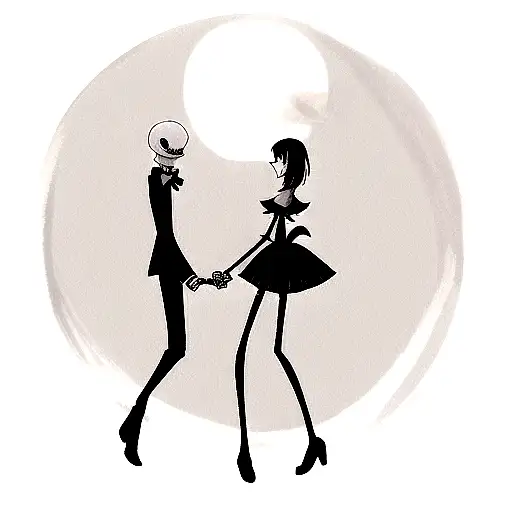 Jack Skellington And Sally Holding Hands In Front Of A Full Moon