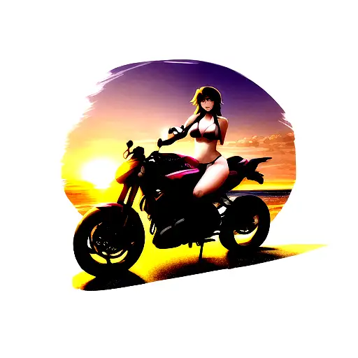 Lady In Bikini Sitting Sideways On Motorcycle With A Sunset In The Background