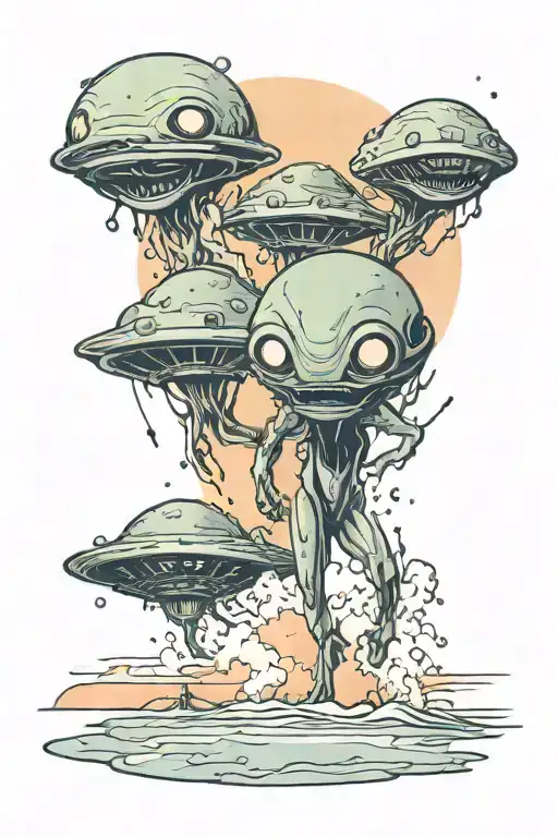 3 Aliens Landing On Beach Sunset