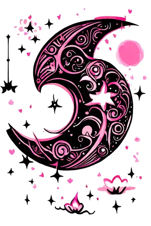 Black And Pink Cute Trible Line Moon