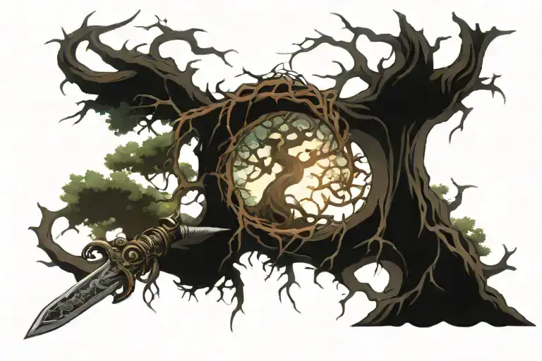 Tree With Roots Grown Over A Sword