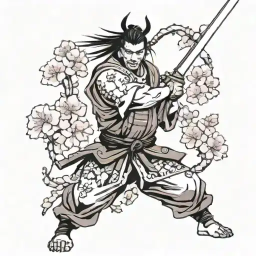 Japanese Samurai With A Katana Kills A Demon Under The Sakura