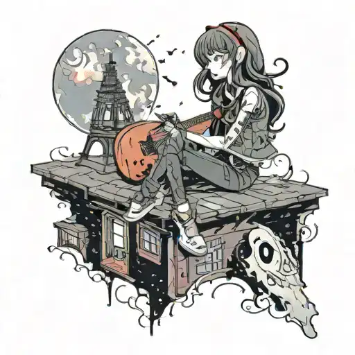 Vampire Girl Sitting With Guitar On The Roof Top Looking At Galaxy