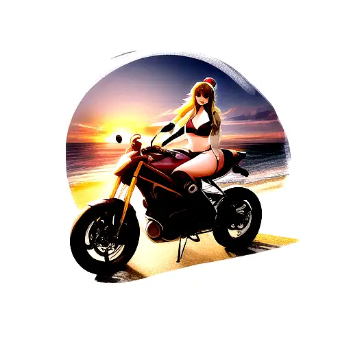 Lady In Bikini Sitting Sideways On Motorcycle With A Sunset In The Background