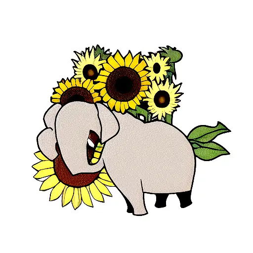 Cartoonish Elephant And Sunflowers