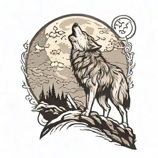 Wolf Howling At The Moon On The Edge Of A Mountain