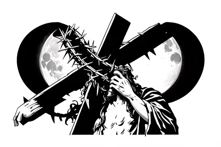 Jesus Christ Carrying Cross With Crown Of Thorns With A Moon Background