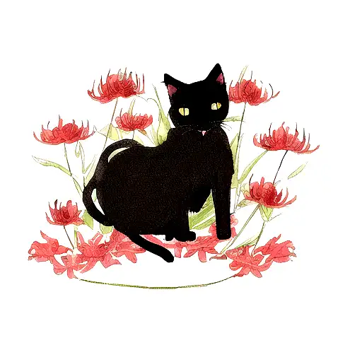 A Black Cat With A Lycoris Flower