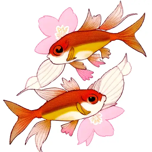 Two Pink-orange-yellow Koi Fish With Pink Sakura Blossoms