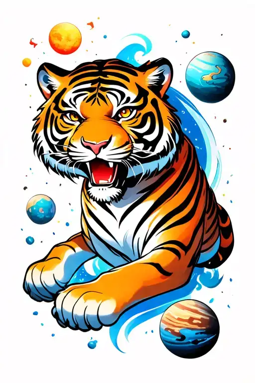 Mythological Style Tiger And Crushing Planets Under Its Hinde Legs