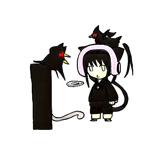 Cat Shinobi With Headphones On Head And Crow On Shelder Side View