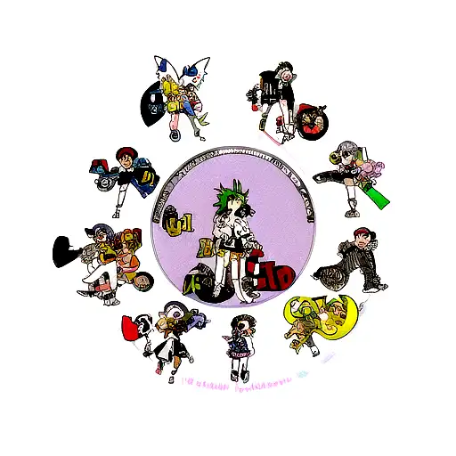 Illustrate A New-school Tattoo Of Digimon Characters Surrounded By Music Notes And Instruments