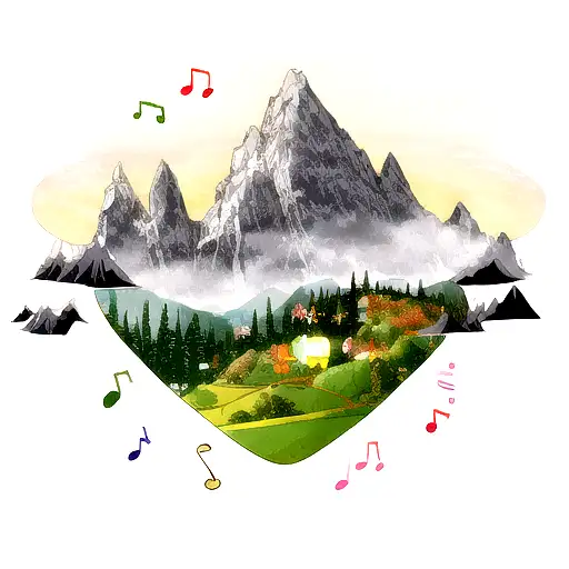 A Scenic Mountain Landscape With Musical Notes Floating In The Air