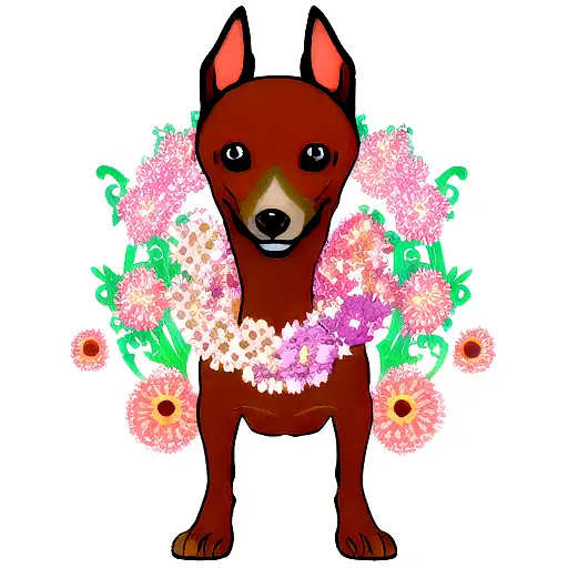 Pinscher Dog With A Happy Face And Flowers Around