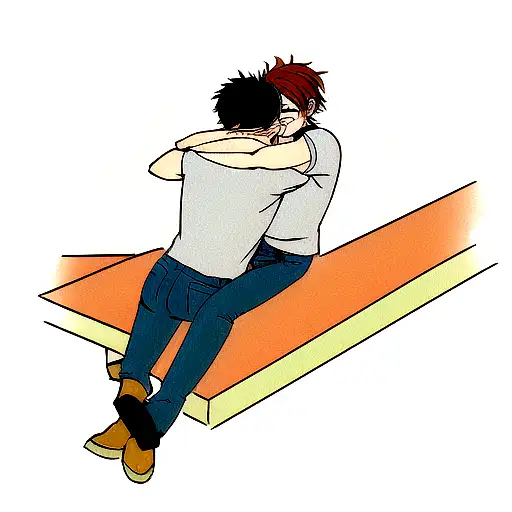 Ash Lynx And Eiji Okamura Hugging On The Rooftop From Banana Fish