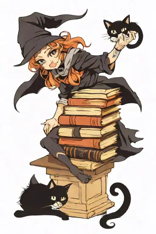 Witch Cat Sitting On A Pile Of Books
