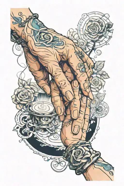 Child's Hand Holding Grandmother's Hand And A Small Table In The Background