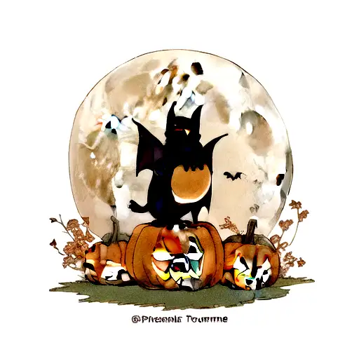 Moon Above A Majestic Bat Sat On A Pumpkin