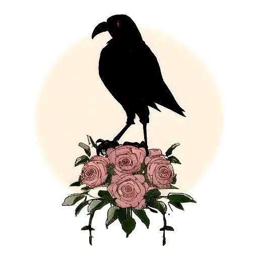 Crow Perched On A Skull With Roses