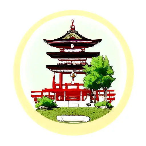 Japanese Temple With Moon And Cherry Tree