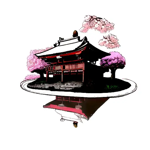 Japanese Temple With Moon And Cherry Tree