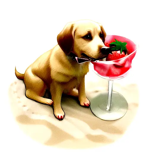 Golden Lab Biting Strawberry On Beach