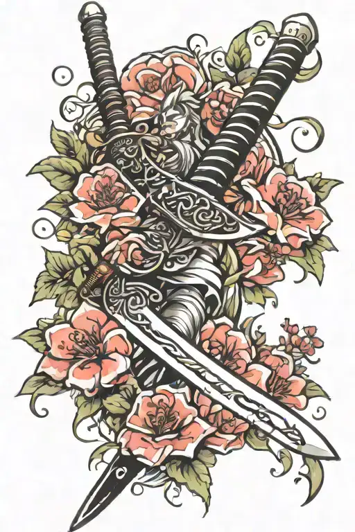 Japanese Sword And Flowers