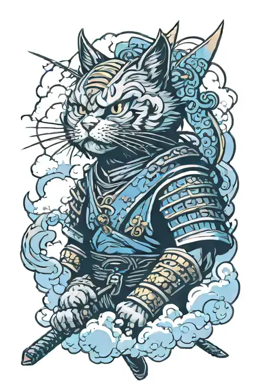 Samurai Cat Against The Background Of Clouds
