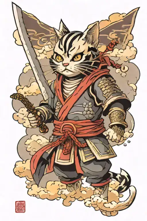 Samurai Cat Against The Background Of Clouds