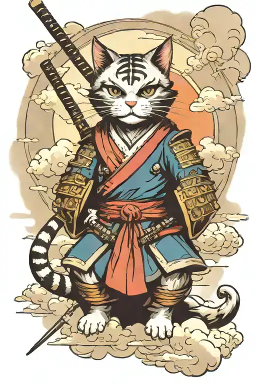 Samurai Cat Against The Background Of Clouds