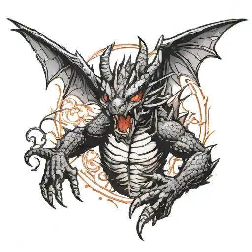 Little Black Dragon With Pentagram On Forehead In Fighting Stance Breathing Fire