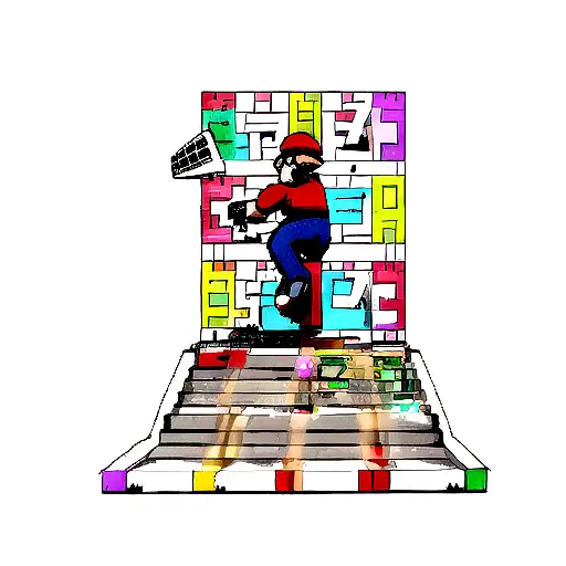 Mario With Escape Board In Skate Boarding Clothes At A Huge Staircase