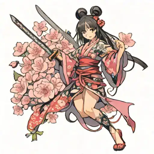 Scantily Clad Japanese Girl With A Katana Wearing A Hanya Mask Among Sakura
